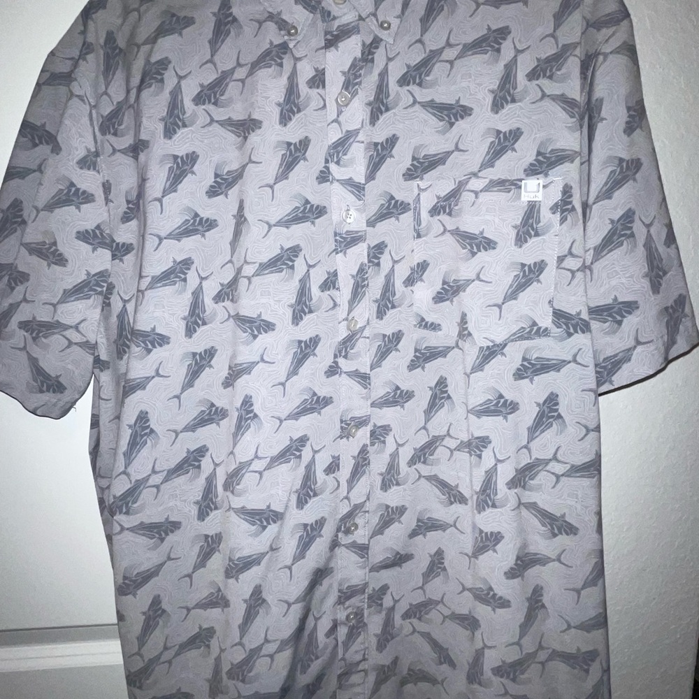 Huk Gray Casual Button Down Shirt with Modern Graphic Design